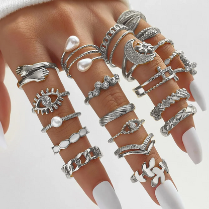 23pc Retro Punk Geometric Ring Set