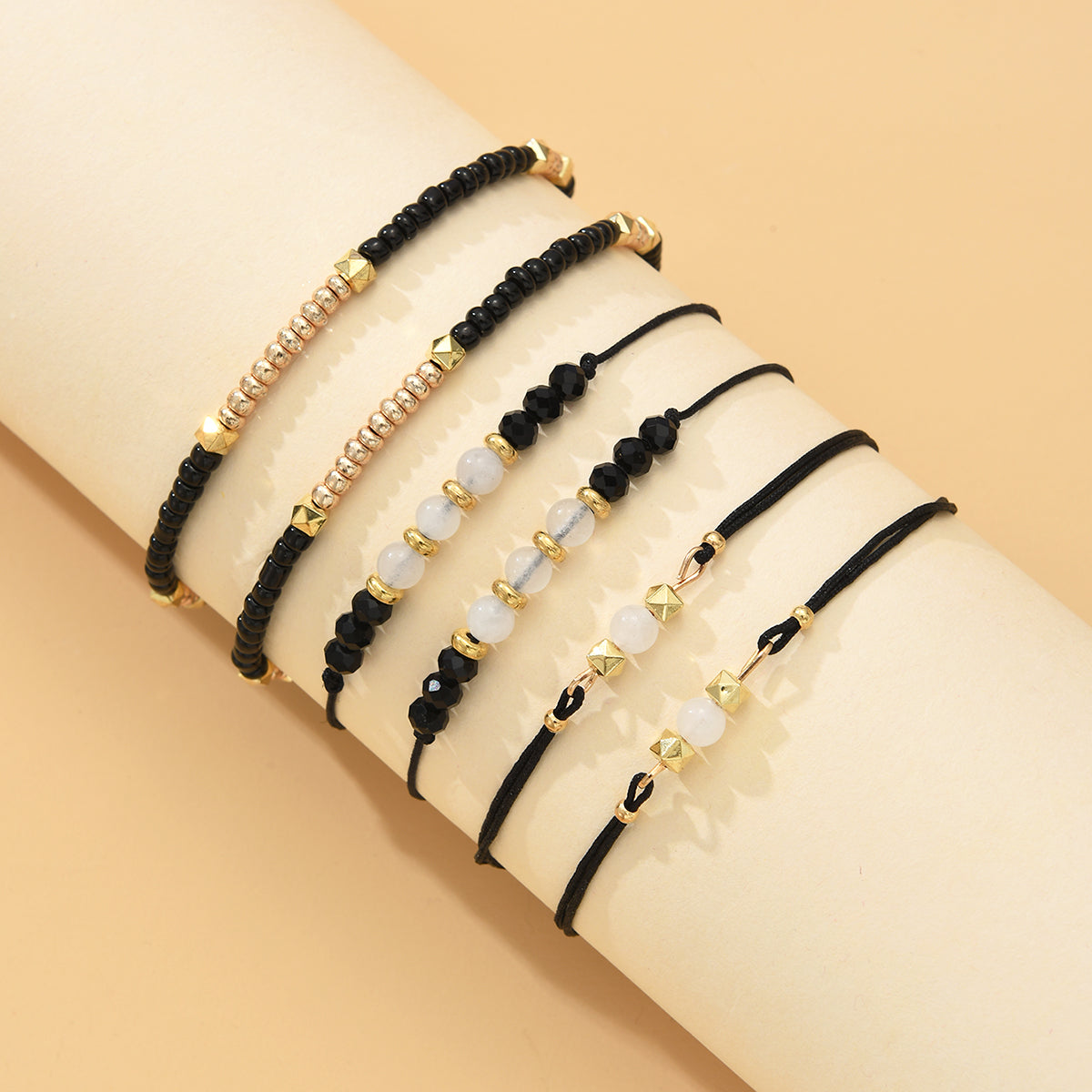 6pc Black Beaded Adjustable Bracelet Set