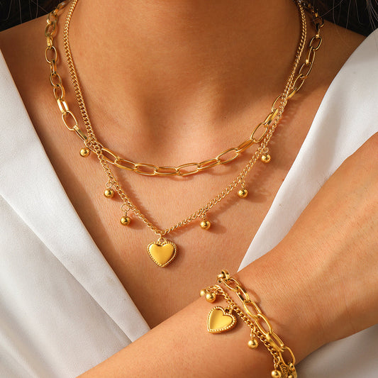 Stainless Steel Heart Bead Necklace & Bracelet Set