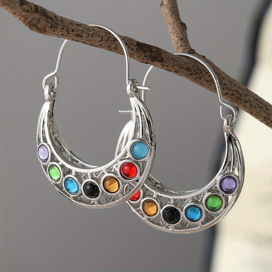 Retro Gemstone Hoop Earrings