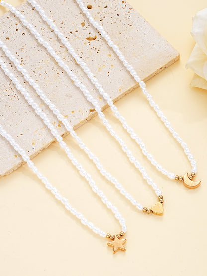3pc Layered Pearl & Charm Necklace Set