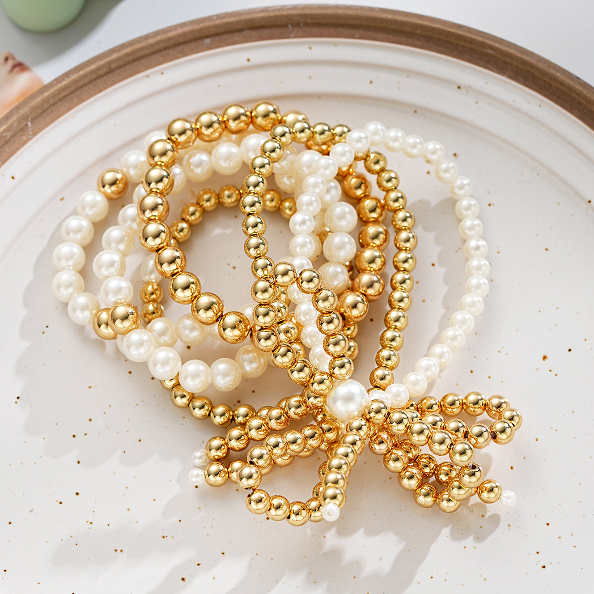 6pc Pearl & Gold Beaded Bow Bracelet Set