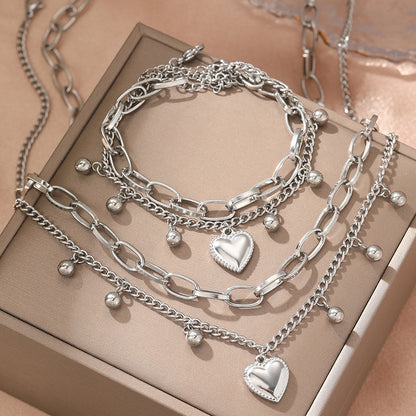 Stainless Steel Heart Bead Necklace & Bracelet Set