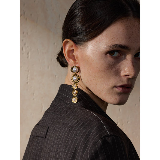 Gold Textured Pearl Drop Earrings