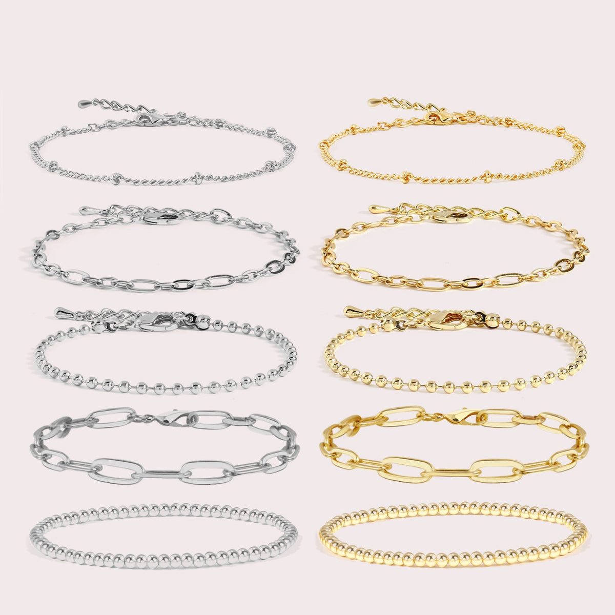 5pc Mixed Chain & Bead Bracelet Set