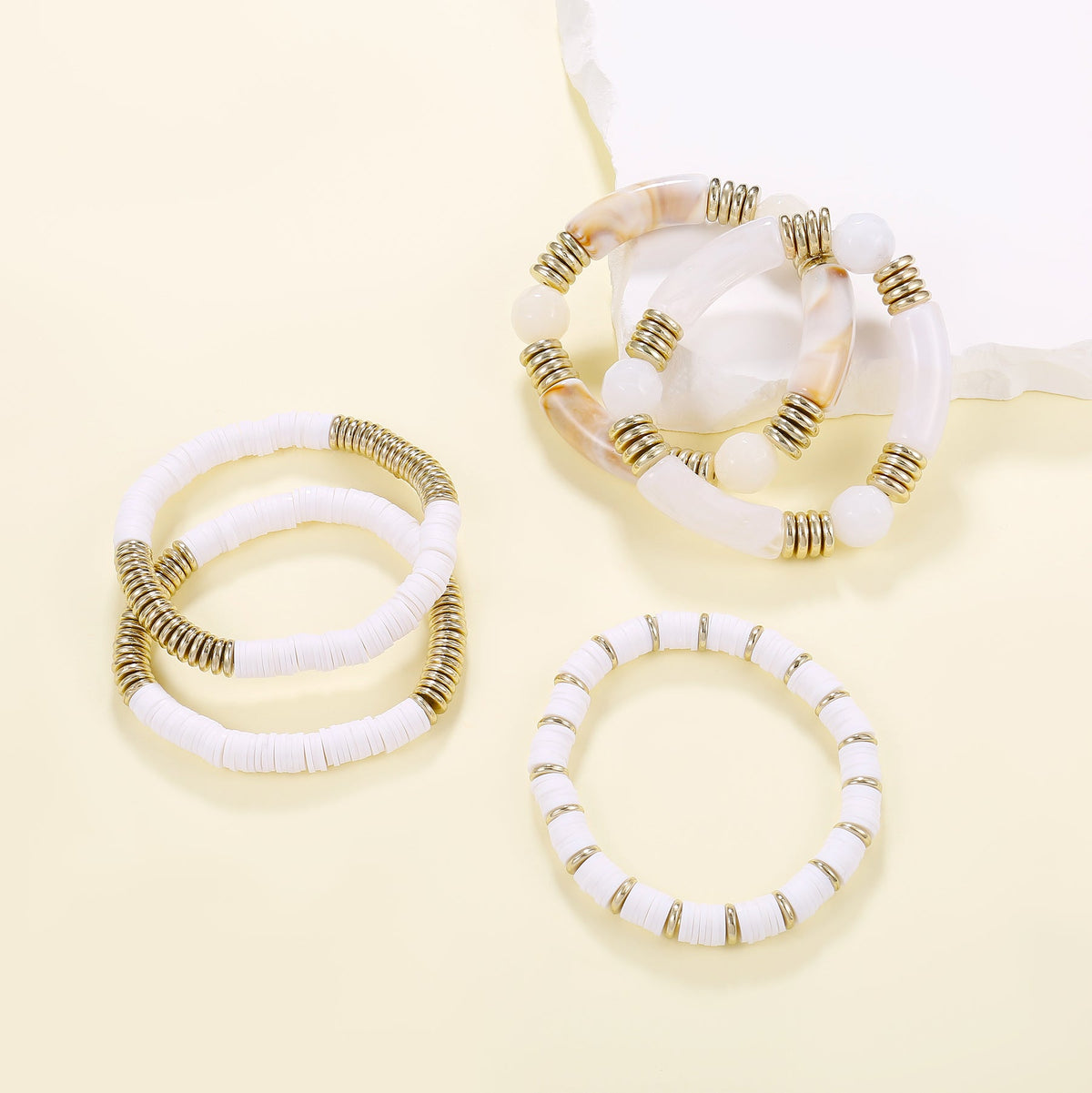 5pc White Resin & Gold Beaded Bracelet Set