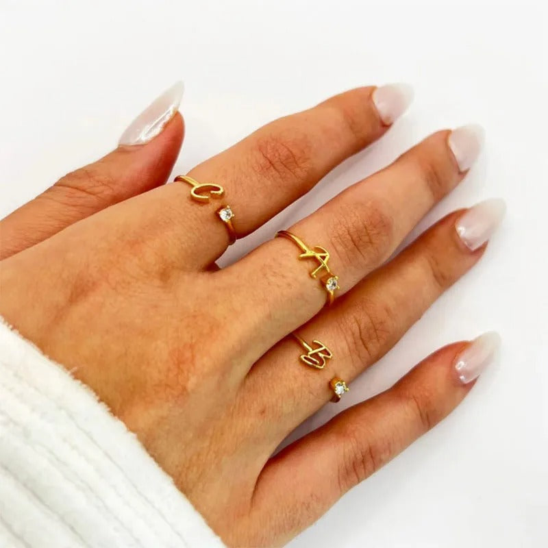 Adjustable Tiny Initial Letter Ring