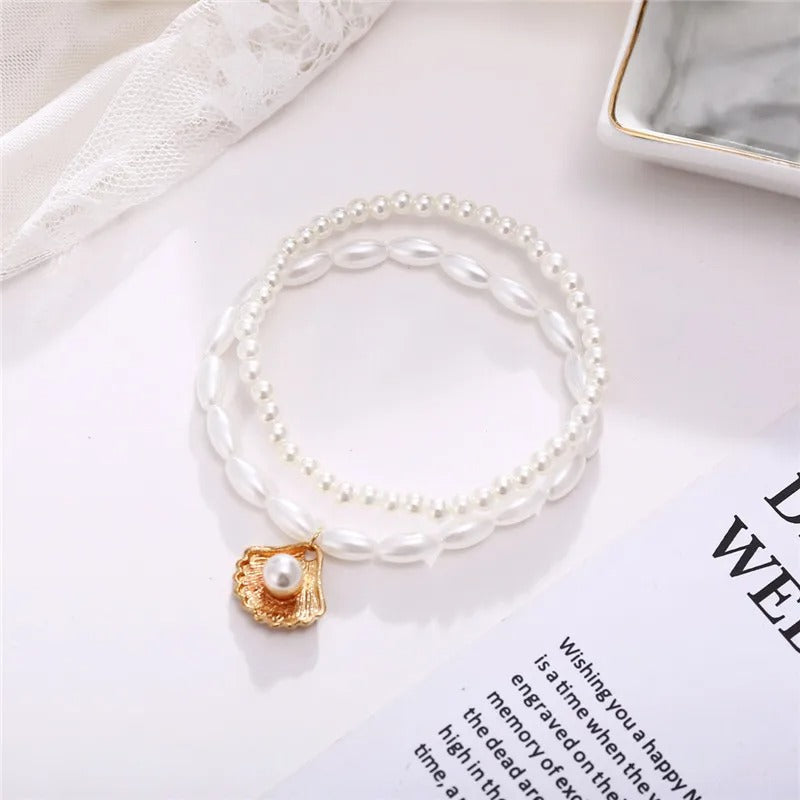 Boho Layered Shell Pearl Anklet