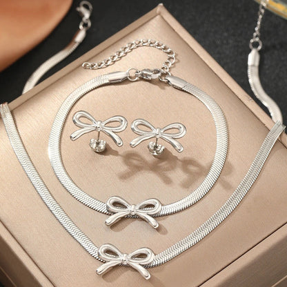 3pc Dainty Bow Necklace, Bracelet, & Earrings Set