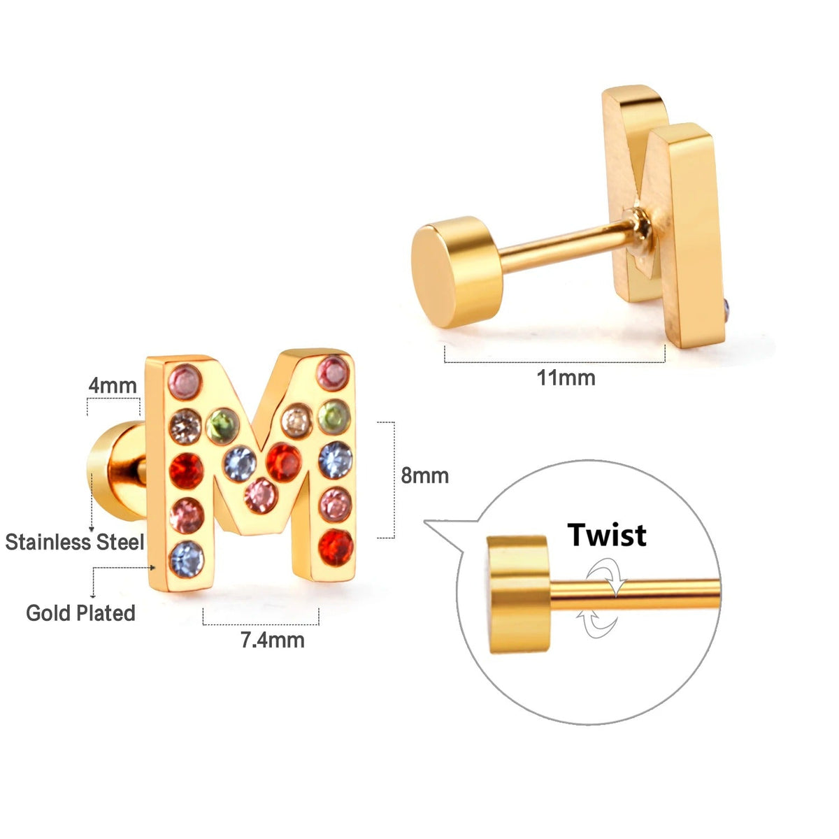 Rainbow Initial Letter Stud Earrings